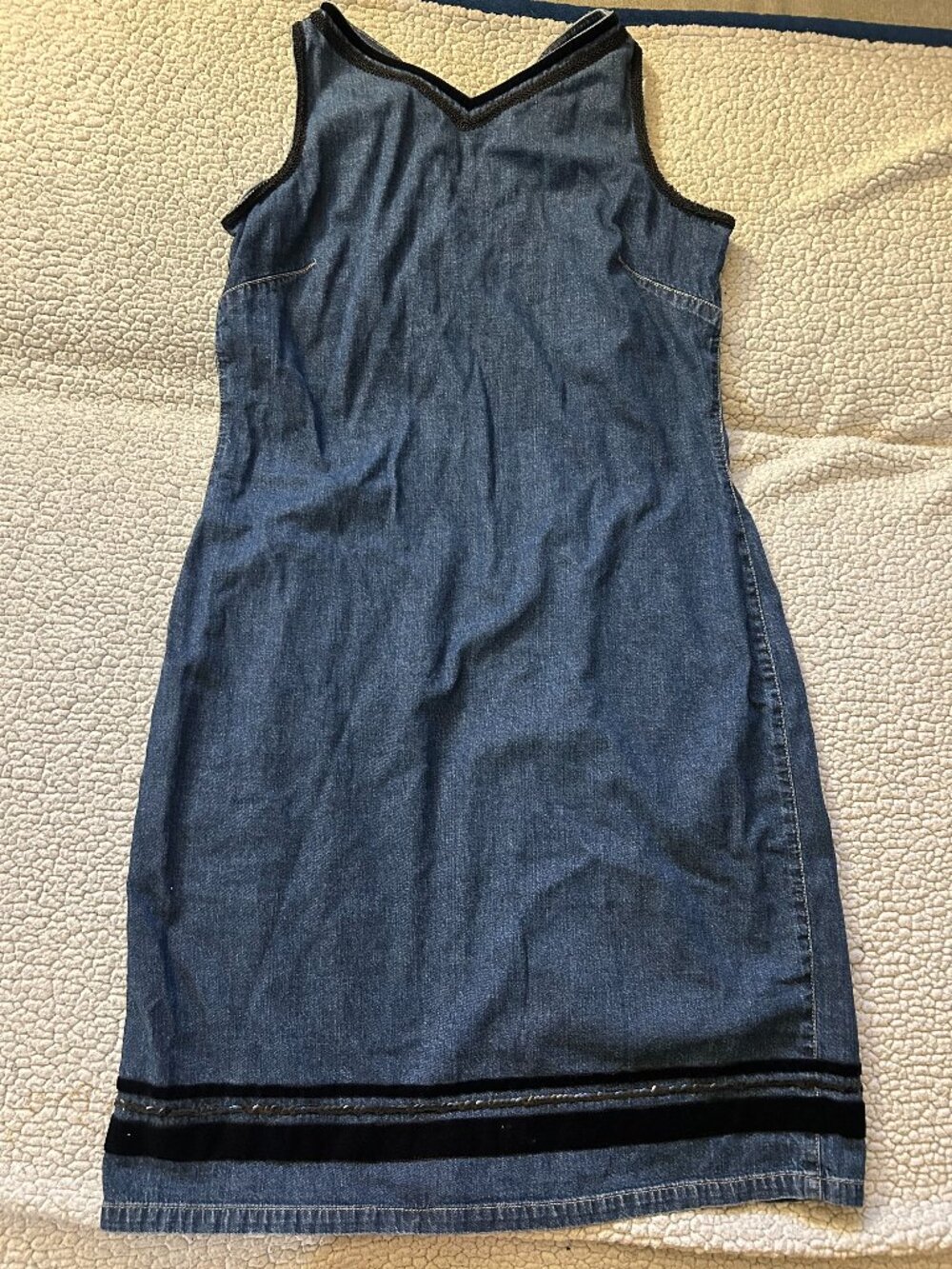 Liz Clairborme -- denim midi dress, black velvet/ lace details along trim